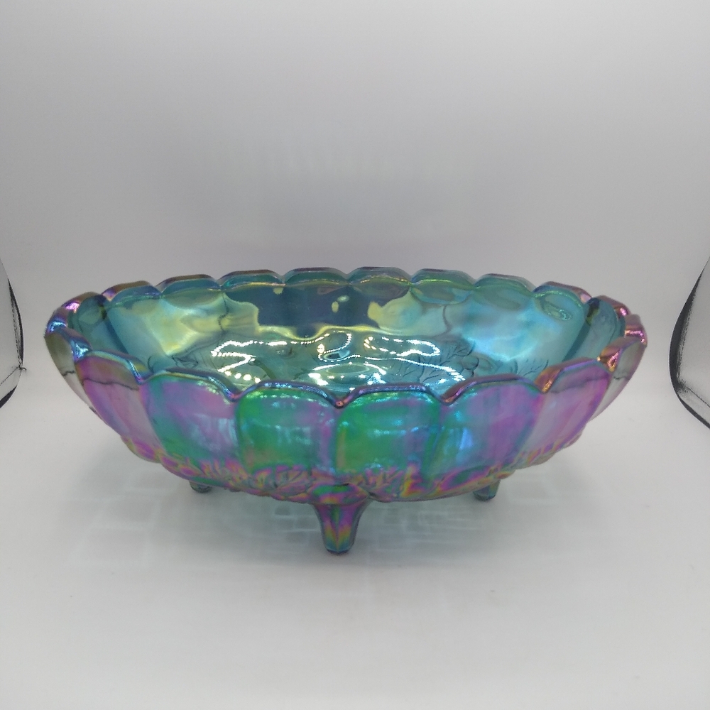 Indiana Glass Harvest Grapes Carnival Iridescent Blue Footed Large Oval Bowl - Picture 10 of 11